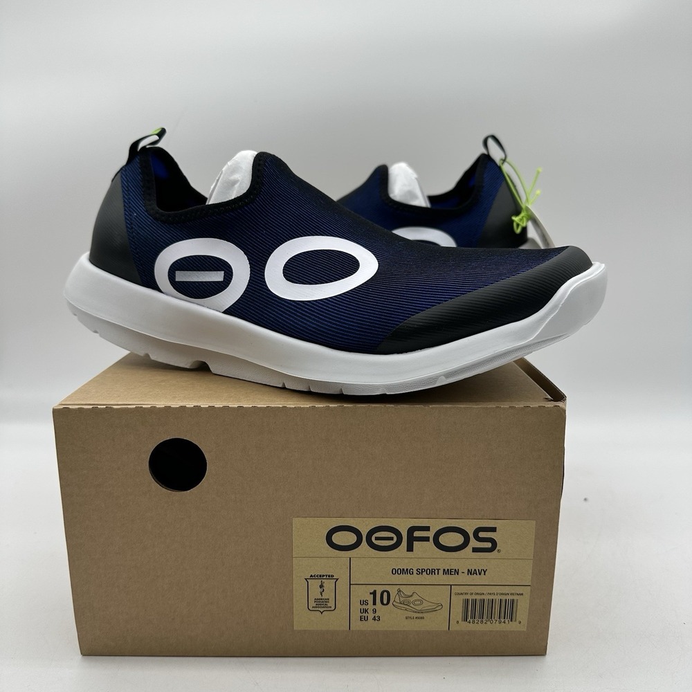 NIB Oofos OOMG Sport 5085 Men's Size 10 Recovery Slip On Shoes Navy White